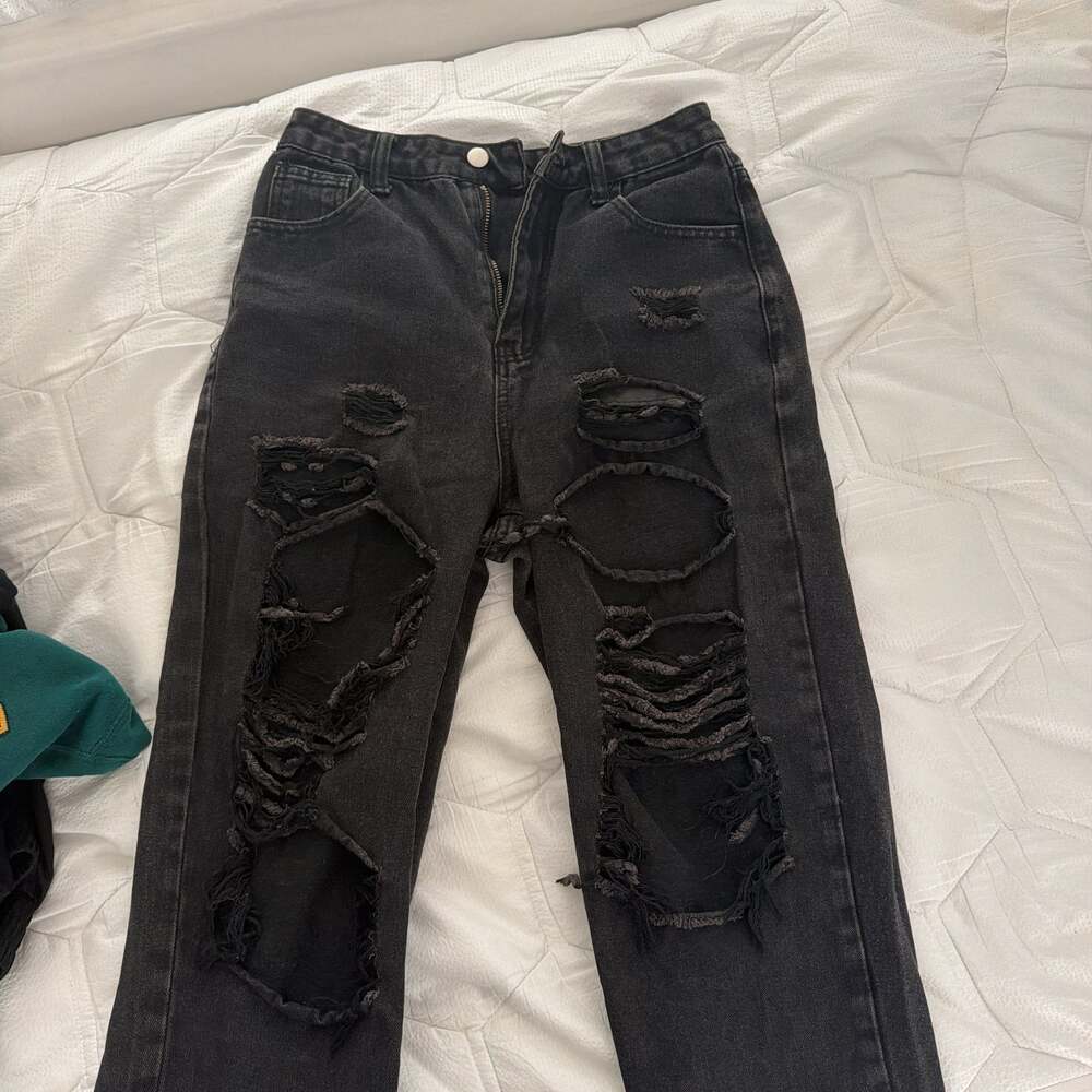 SHEIN WOMENS HIGH WAIST CUT OUT RIPPED FRAYED STRAIGHT LEG BLACK JEANS SIZE XS